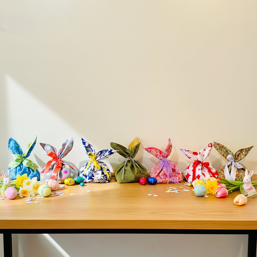 A series of colorful Easter bunny treat bags displayed on a mantelpiece, adorned with cute bunny ears, fluffy tails, and bows.