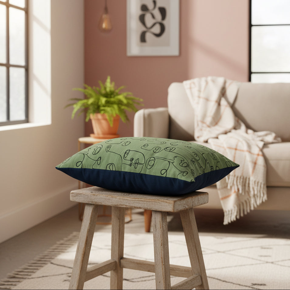 A square throw pillow with a sage green and navy blue abstract line art pattern, resting on a white shelf in a storage area.