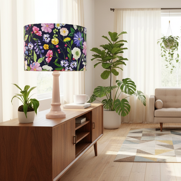 Floral-patterned lampshade on a wooden cabinet in a living room with plants and a sofa.