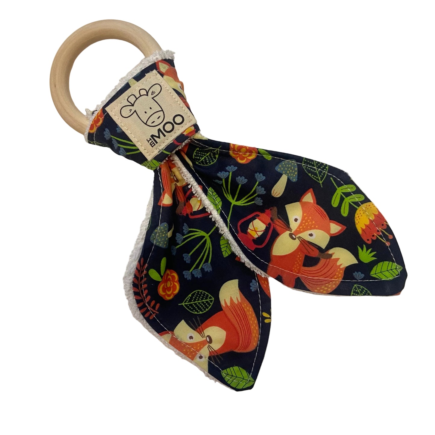Teething ring with fox pattern on a white background