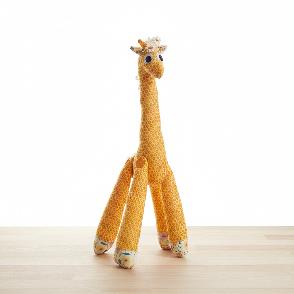 A handmade plush giraffe toy made from yellow and white patterned fabric, standing against a dark gray tiled wall.