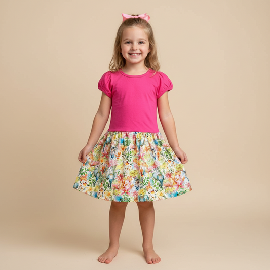 Short Sleeve Winnie Dress - HOT PINK WITH SAFARI