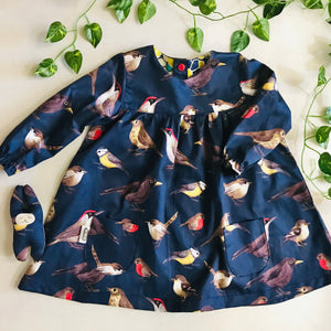 Girls Long Sleeved Marigold Dress - Birds on Navy