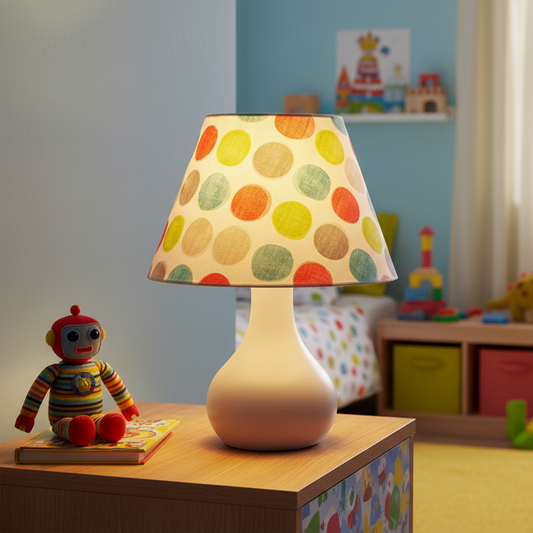 Children's room with a colorful polka dot lamp and toy monkey on a table.