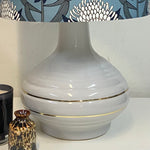 Grey Mid Century Ceramic Table Lamp with Warratahs in Blue Shade