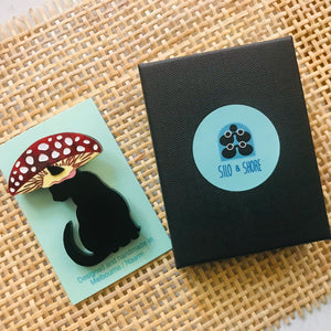 Art Deco Acrylic Brooch - Mushroom Cat