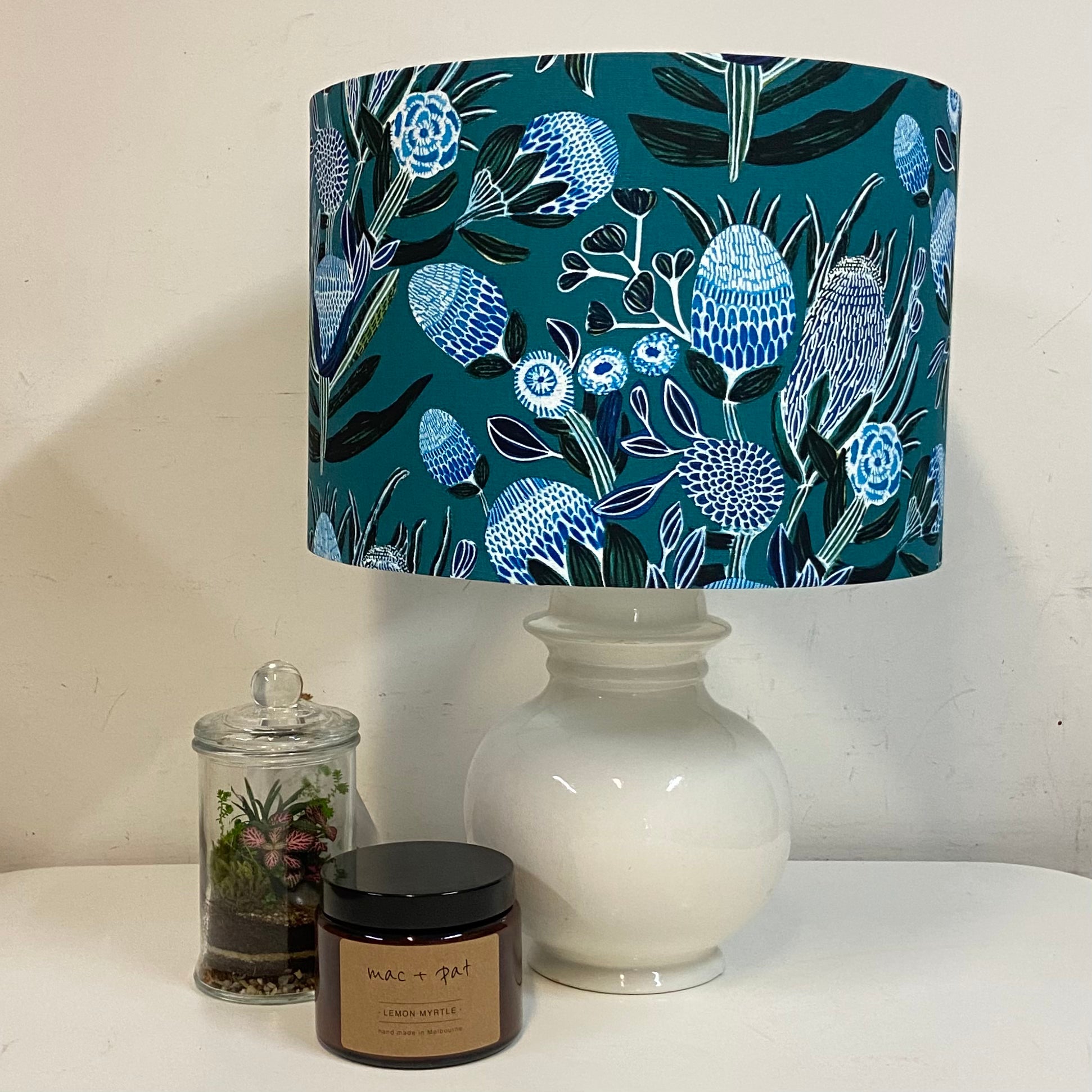 Mid Century Ceramic Table Lamp with Blue Bush Floral Shade