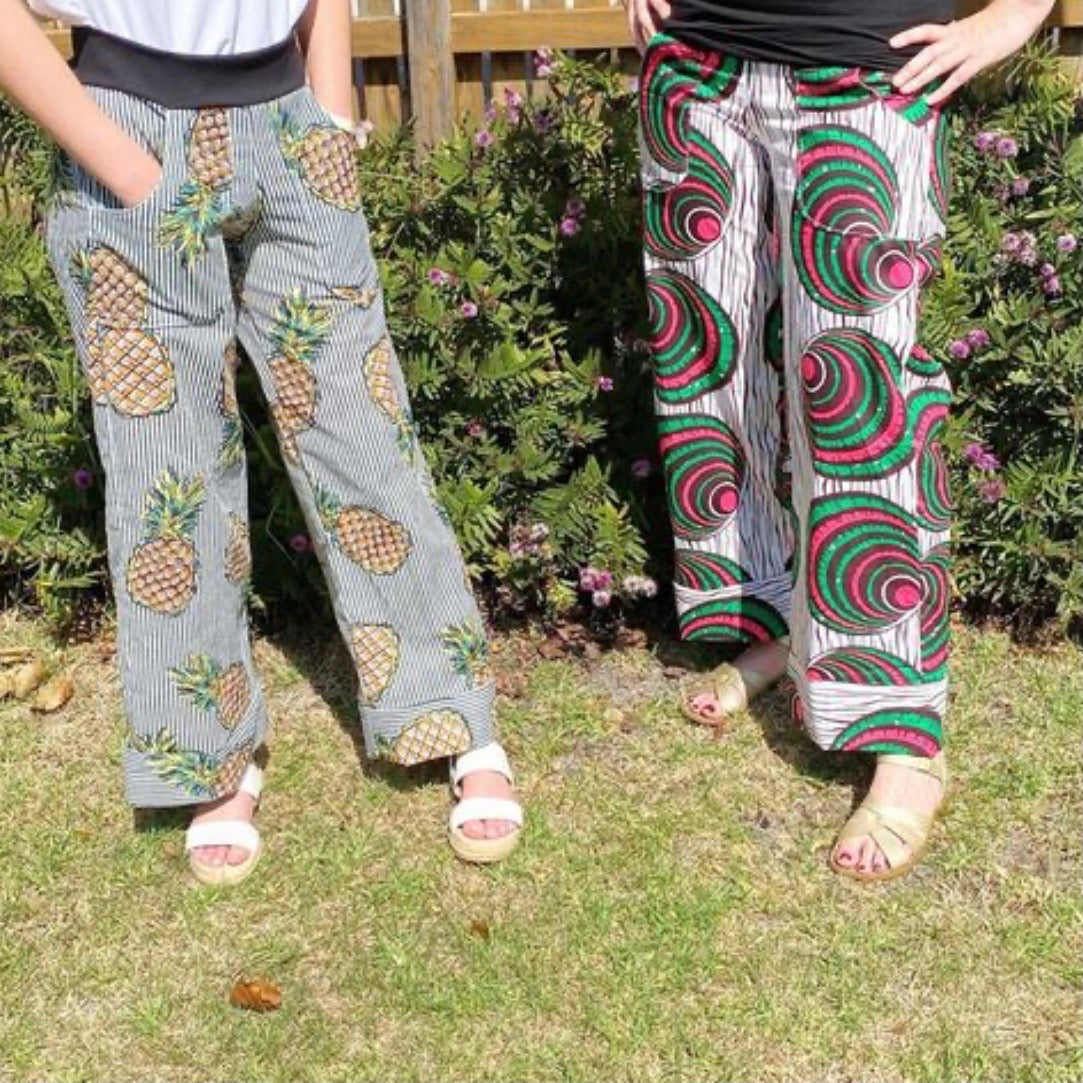 Women's Handmade Pants with Pockets & Cuffs - Denim with Squiggle Flower / LARGE