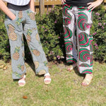 Women's Handmade Pants with Pockets & Cuffs - Denim with Squiggle Flower / LARGE