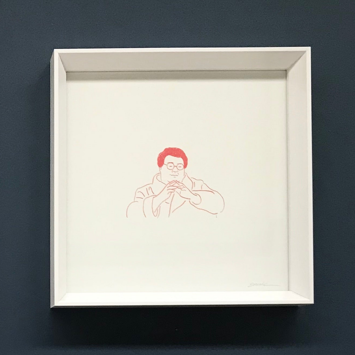 A series of four framed line drawing prints based on characters from 1990s television shows, displayed against a dark background. The artwork depicts simple red outlines of characters on a white background.