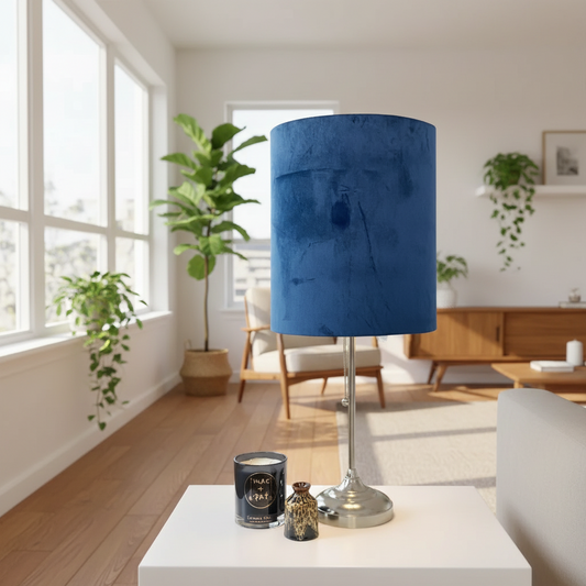 Chrome Pull Cord Lamp with Navy Velvet Shade