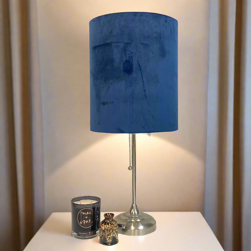 Chrome Pull Cord Lamp with Navy Velvet Shade