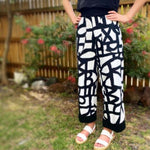 Women's Handmade Pants with Pockets & Cuffs - Denim with Squiggle Flower / LARGE