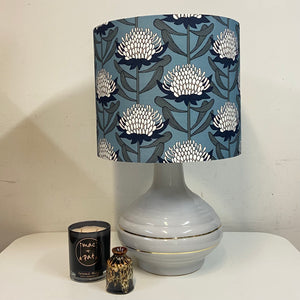Grey Mid Century Ceramic Table Lamp with Warratahs in Blue Shade