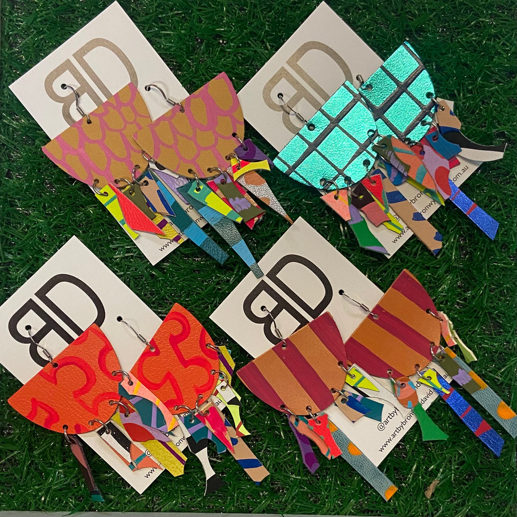Hand painted leather bold statement earrings - The Punch with Tassles