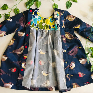 Girls Long Sleeved Marigold Dress - Birds on Navy