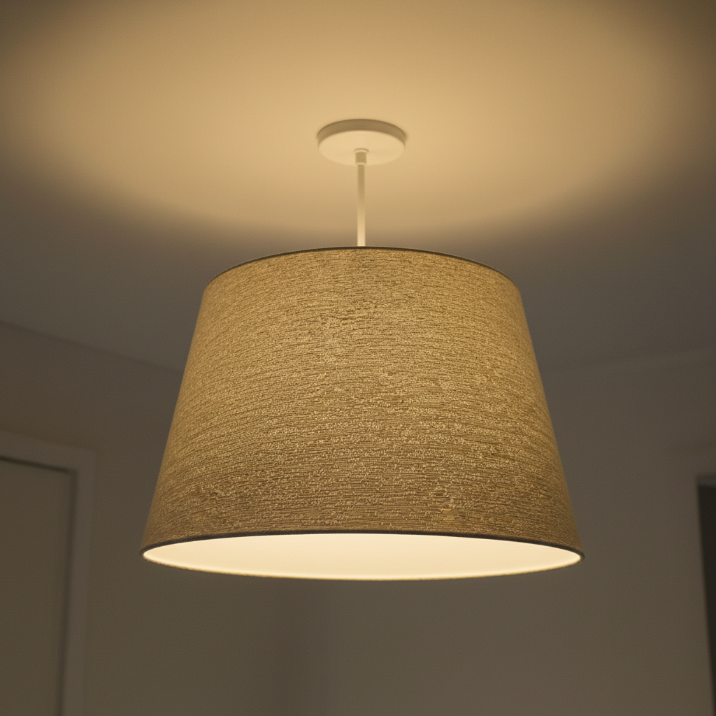 Textured pendant light hanging from the ceiling in a dimly lit room.