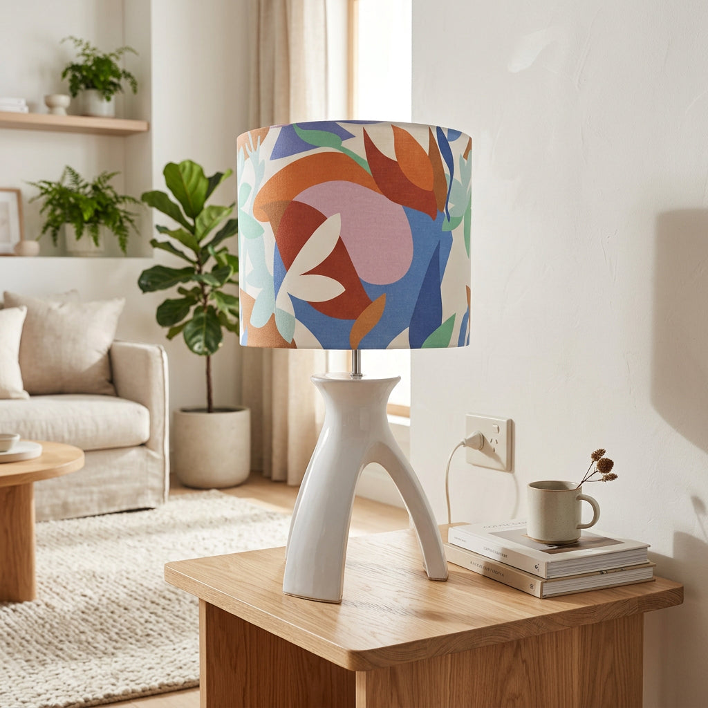 White Ceramic Tri-Legged Table Lamp with Jelena Linen Shade (pair available)