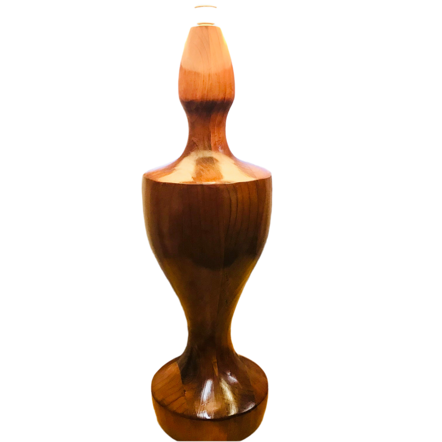 An extra large carved hardwood table lamp with a musk shade, featuring a gradient of pink at the top fading into a darker shade towards the base.