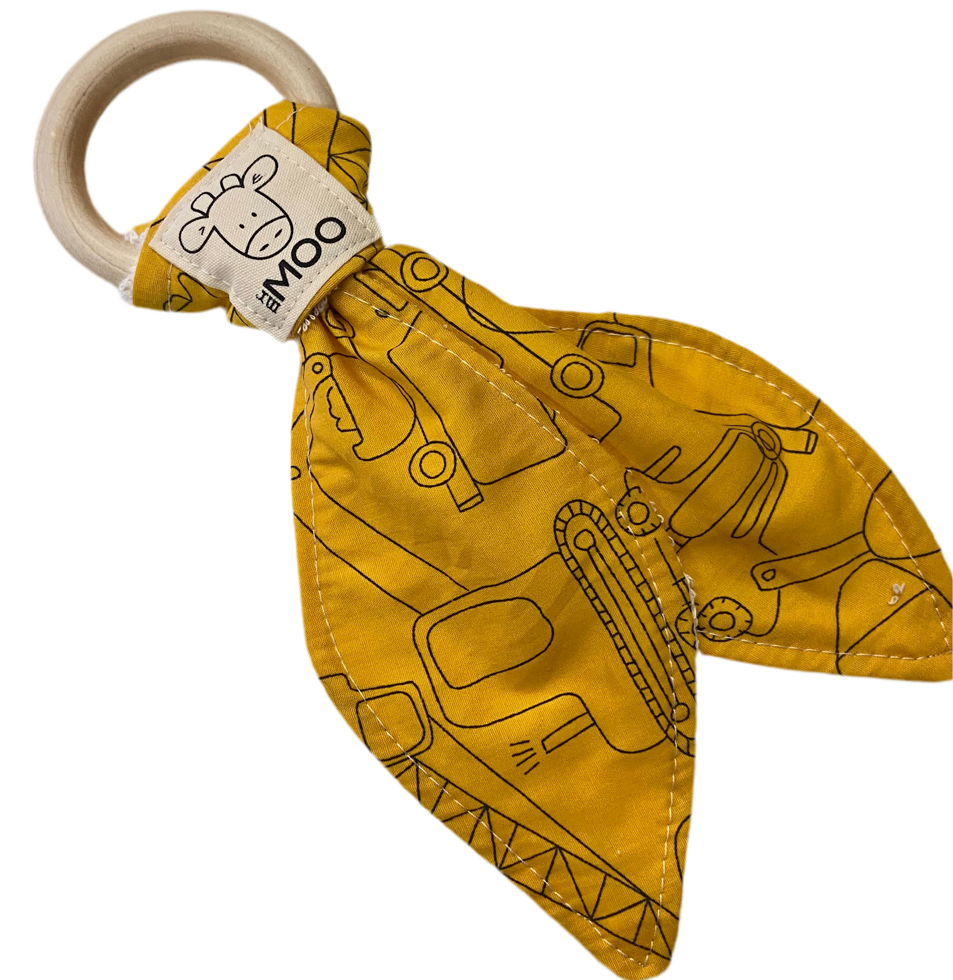a colourful yellow organic bamboo teethers with outlined transport vehicles