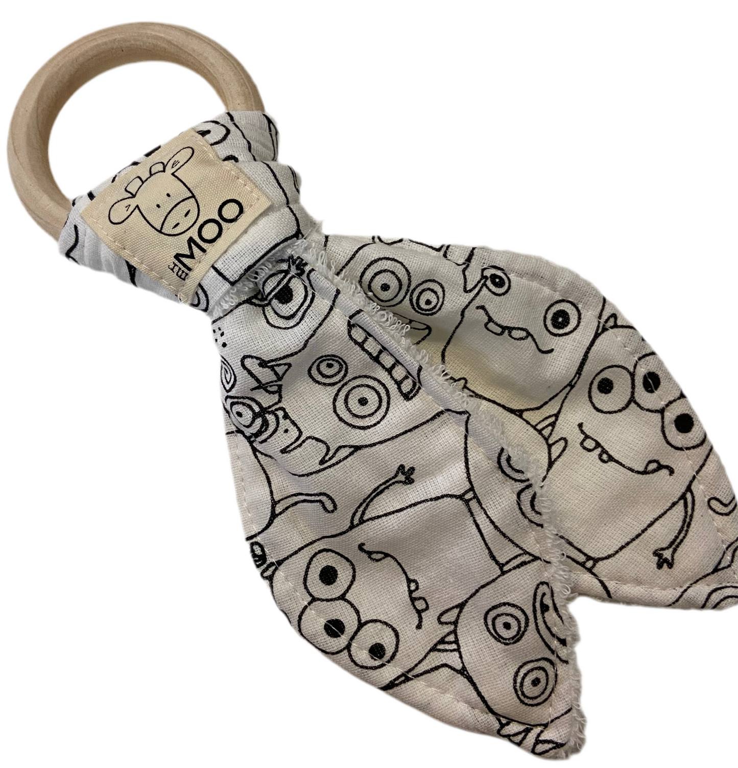 a monotone organic bamboo teethers with outlined creatures