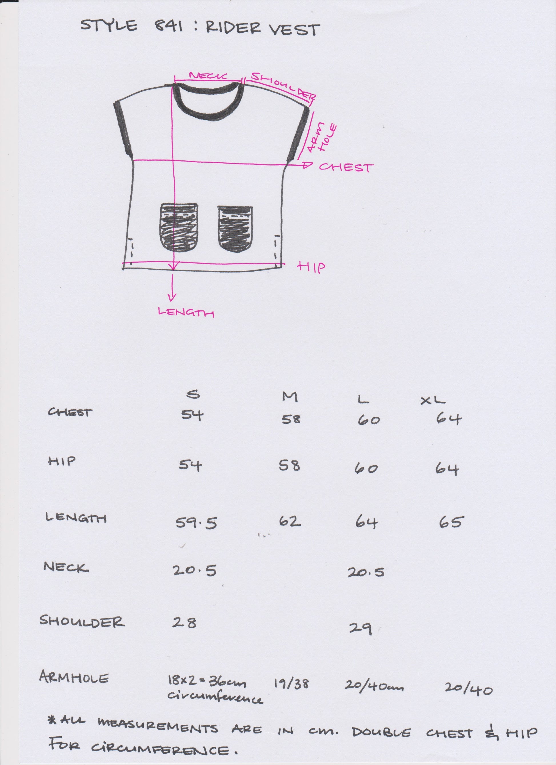 Measurement chart for a rider vest with dimensions and size guide.