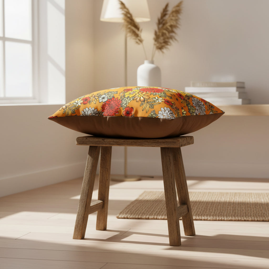 A square decorative throw pillow with a vibrant orange floral print and solid brown sides, resting on a white shelf in a storage area.