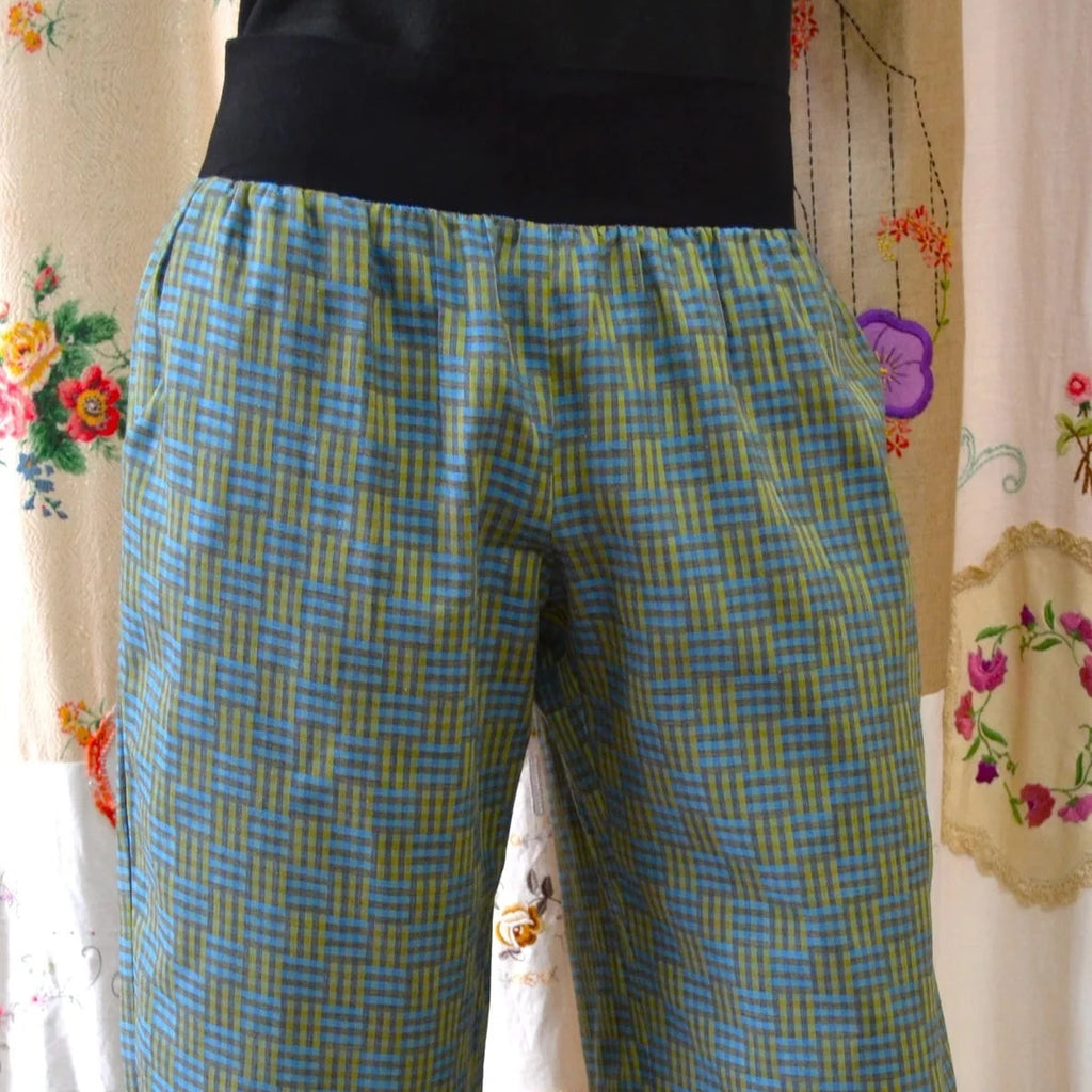 Women's Handmade Band Pants - Blue Grid