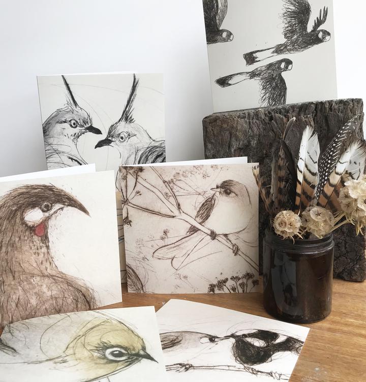 Original Bird Etching Print Greeting Cards with Envelopes