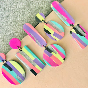 Polymer Clay Handmade Earrings - Abstract 80s Pop Pastel Stripe