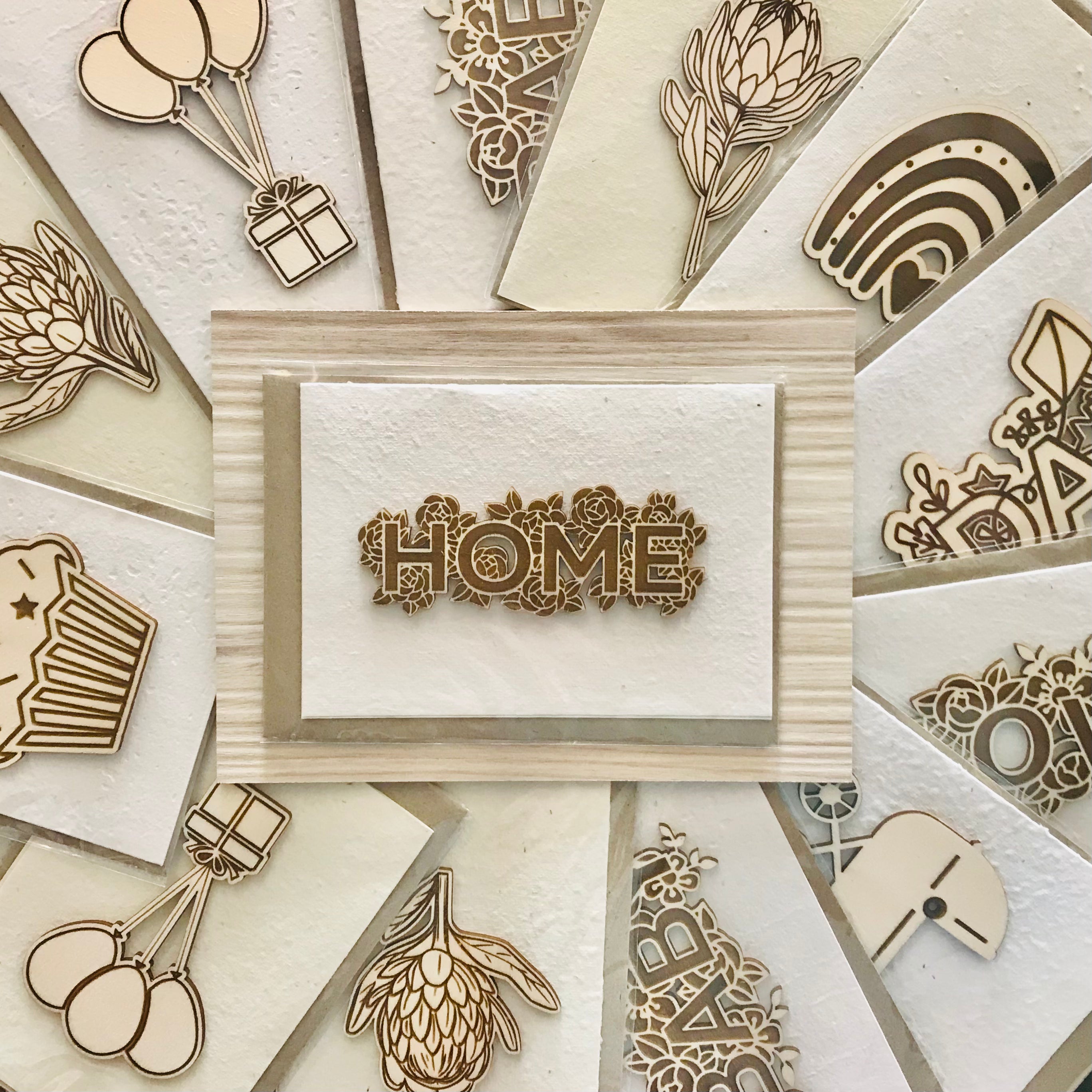 Seed cards with various wooden art