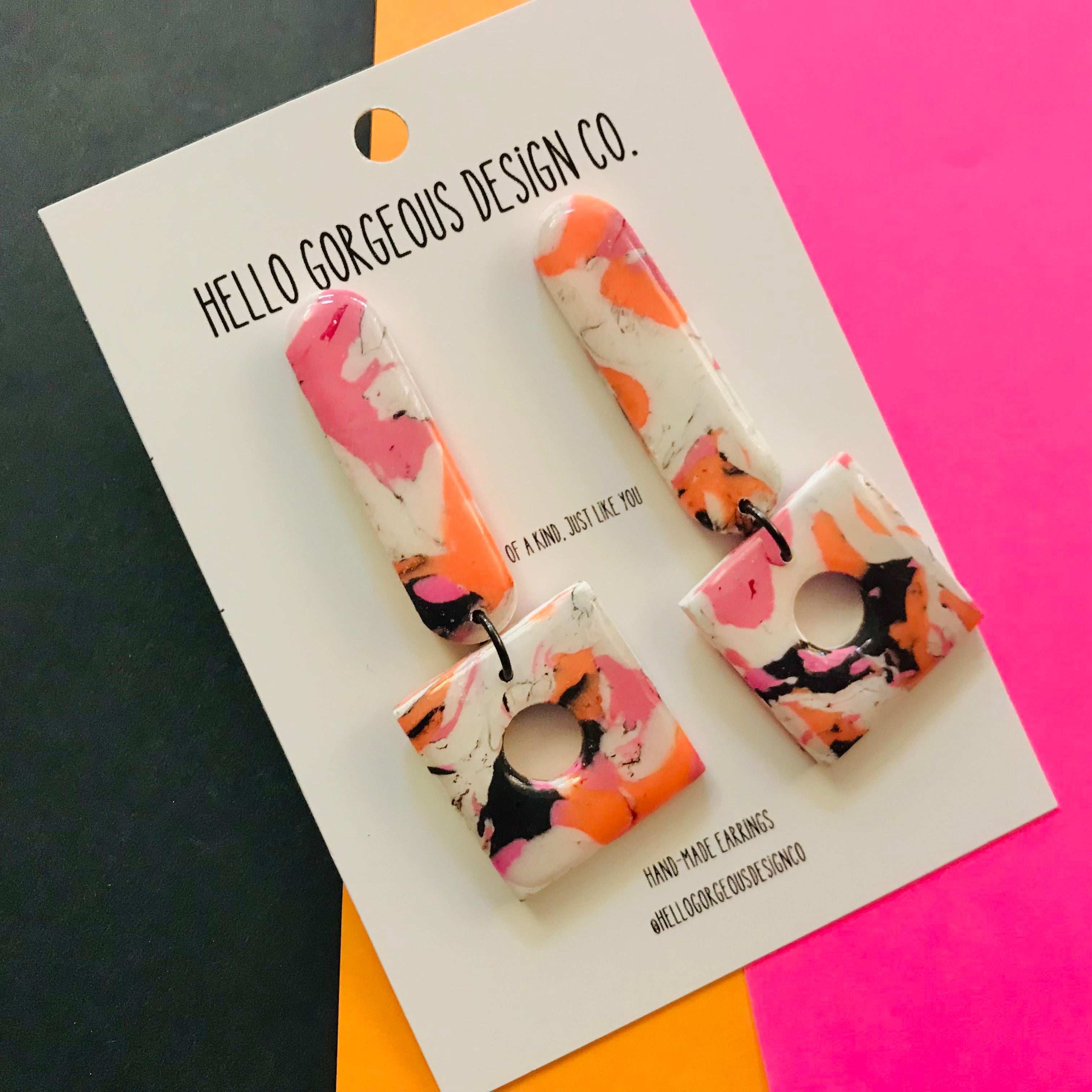 Polymer Clay Handmade Earrings - Pink, Orange & Black Marble