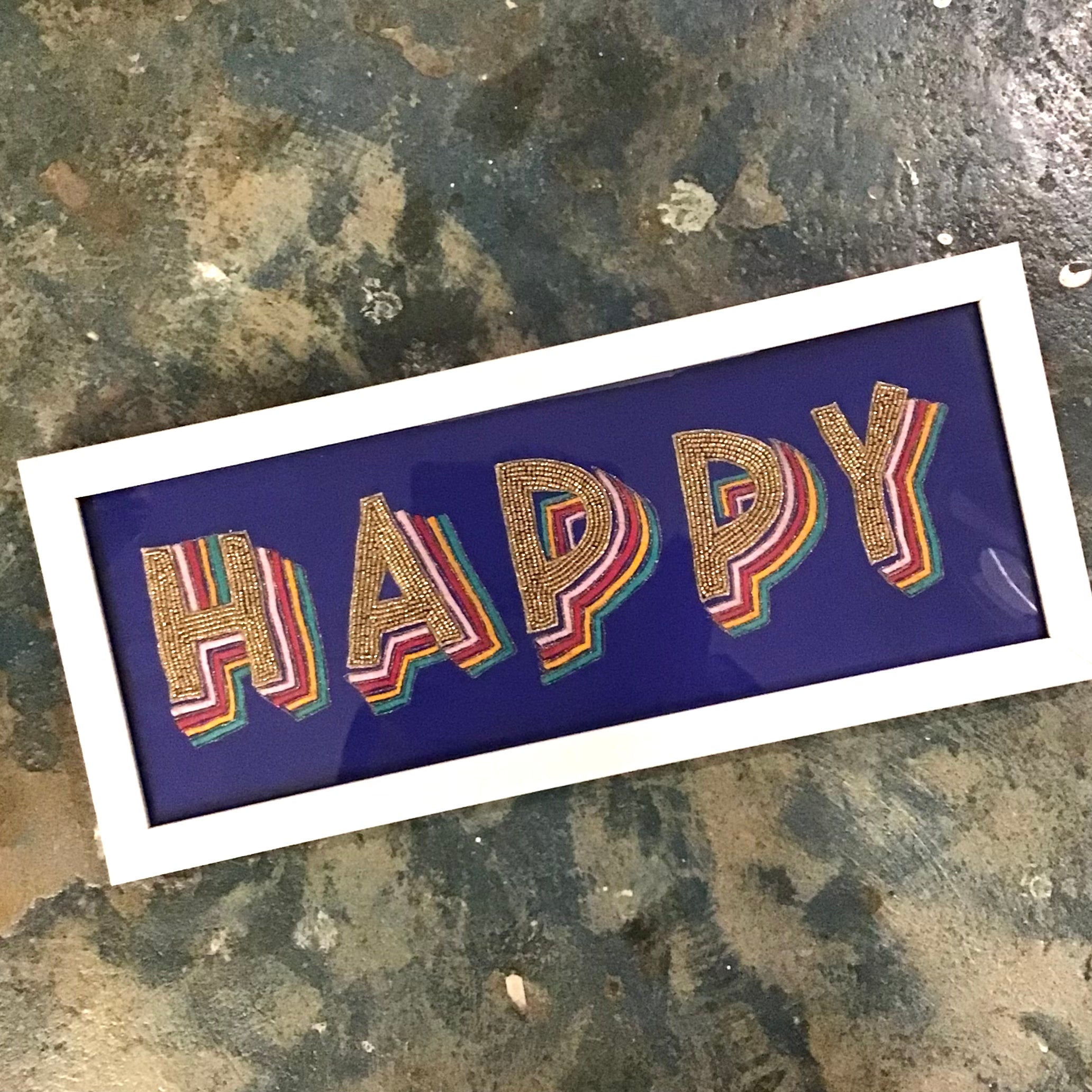 Hand Embroidered Bead Detail Wall Art - HAPPY ** ON SALE **