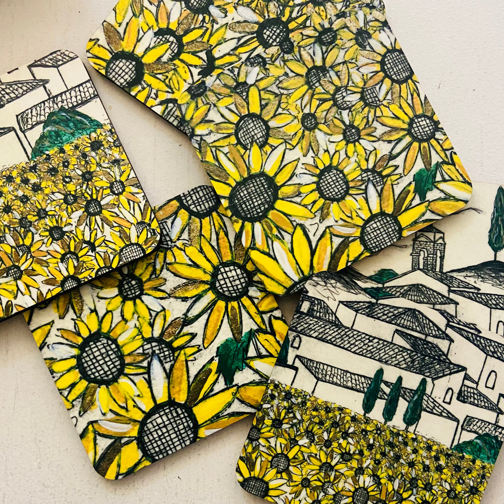 Original Art Print Coaster Set of 6 - Sunflowers