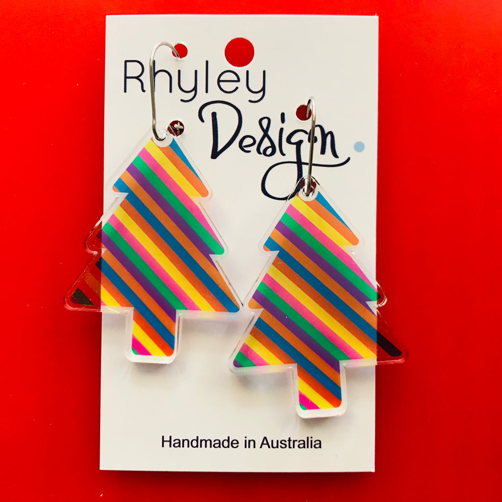 Christmas Tree Rainbow Stripe Statement Earrings