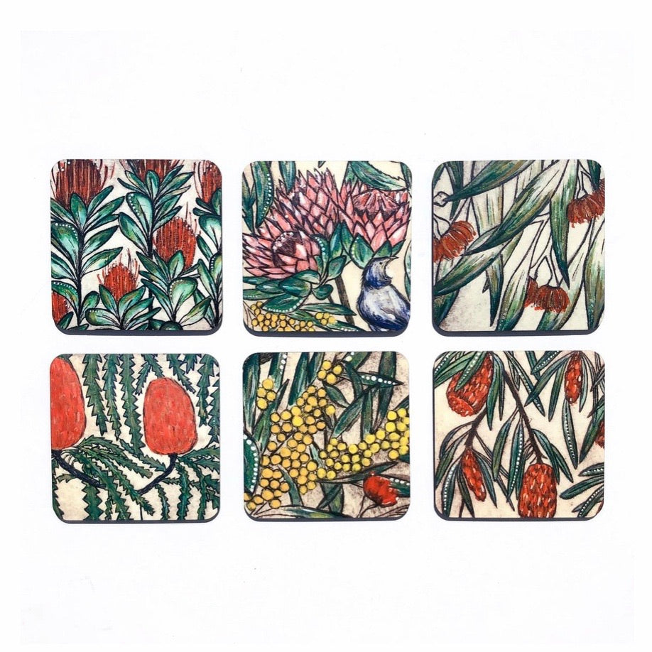 Original Art Print Coaster Set of 6 - Australian Botanical