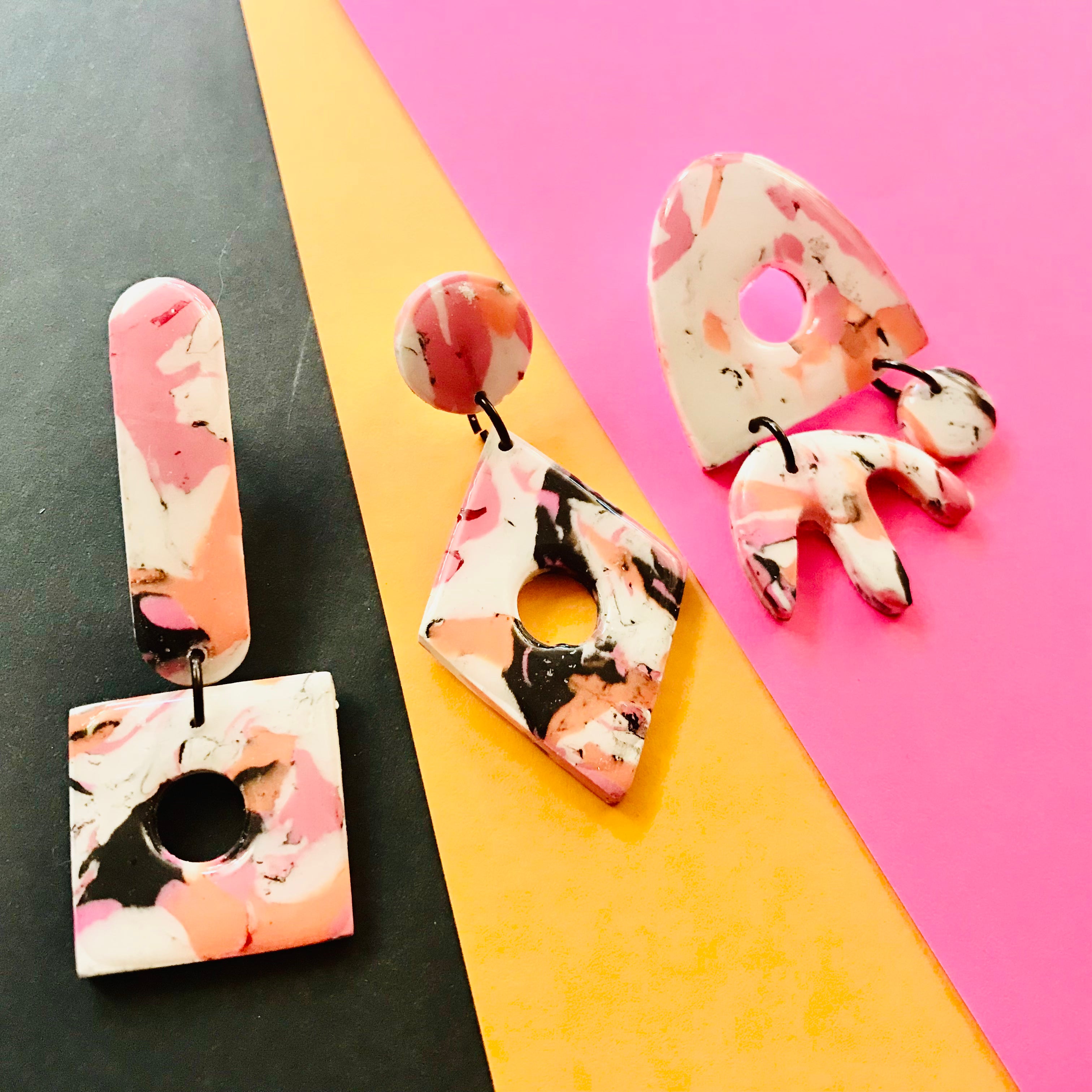 Polymer Clay Handmade Earrings - Pink, Orange & Black Marble