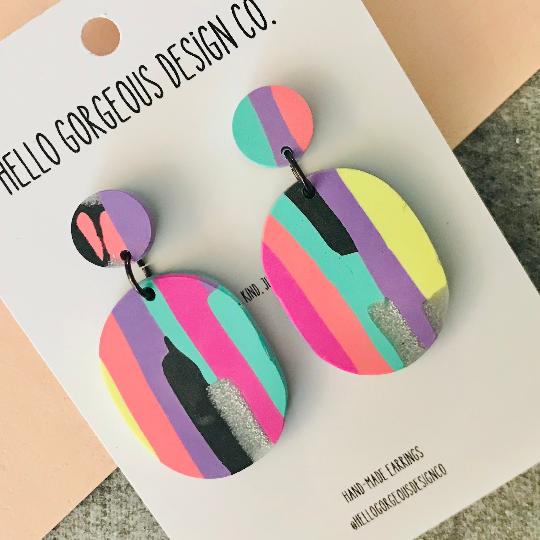 Polymer Clay Handmade Earrings - Abstract 80s Pop Pastel Stripe