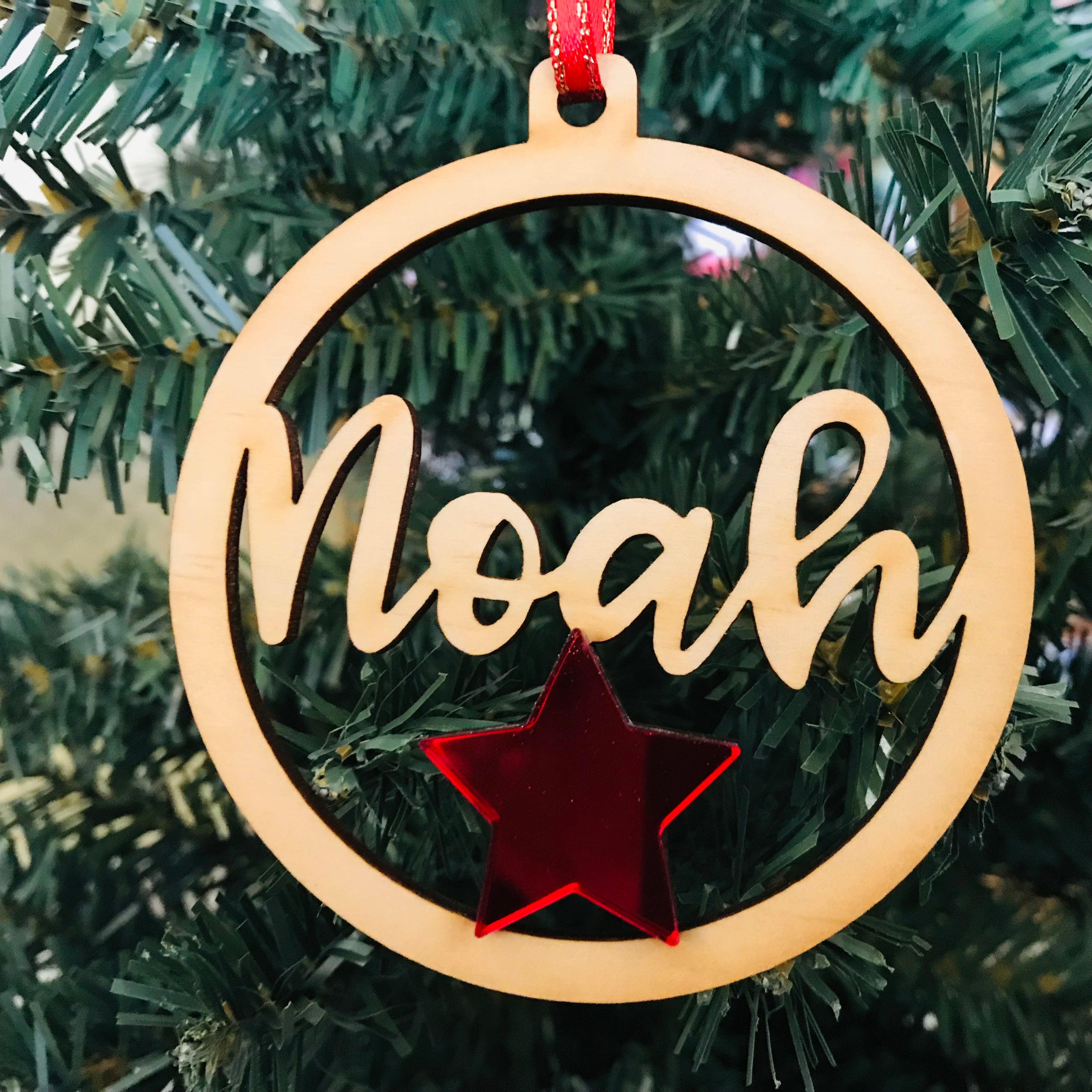 Christmas Personalised Decorations - Lasercut Plywood with Acrylic Star