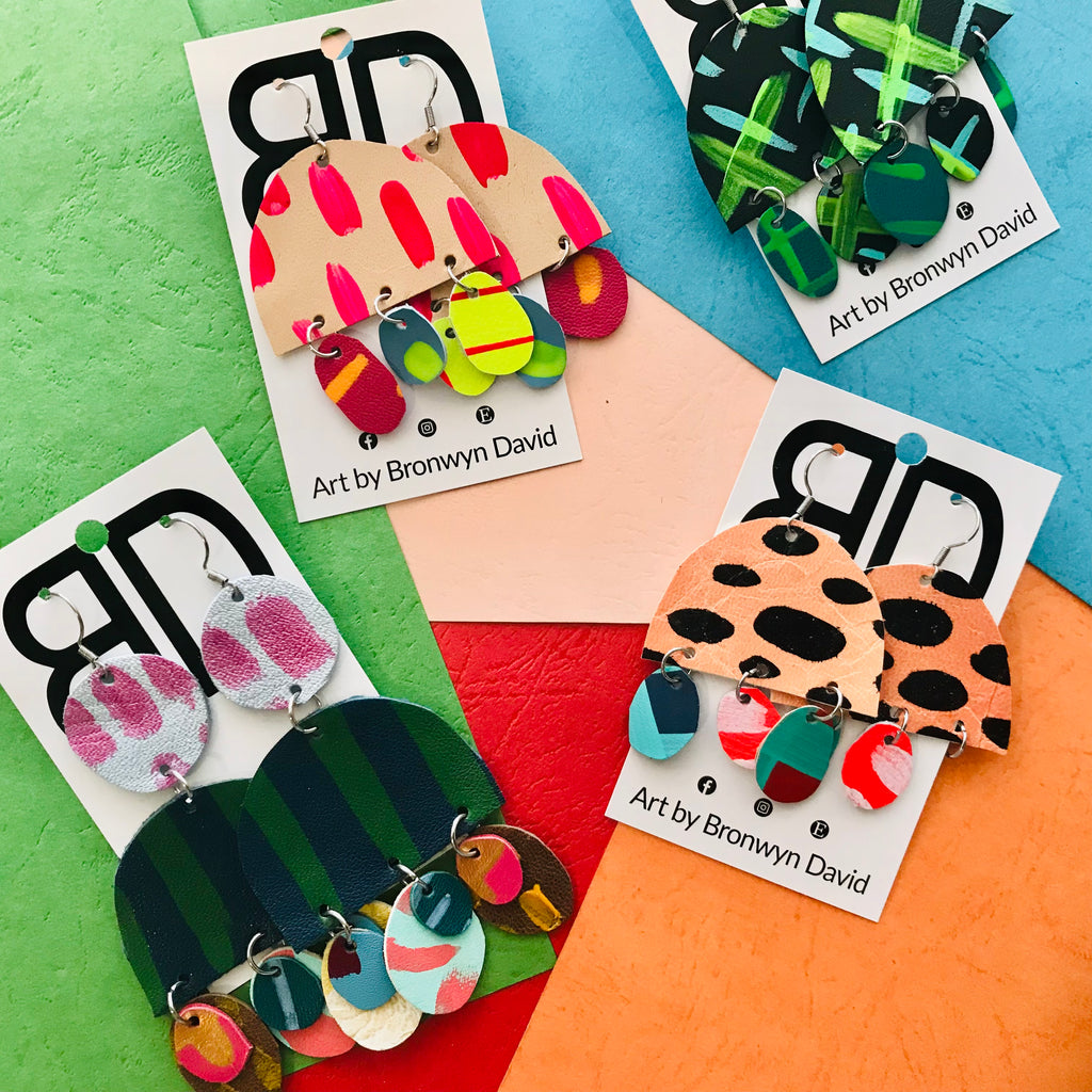 Hand painted leather bold statement earrings - The Dome (with hook)