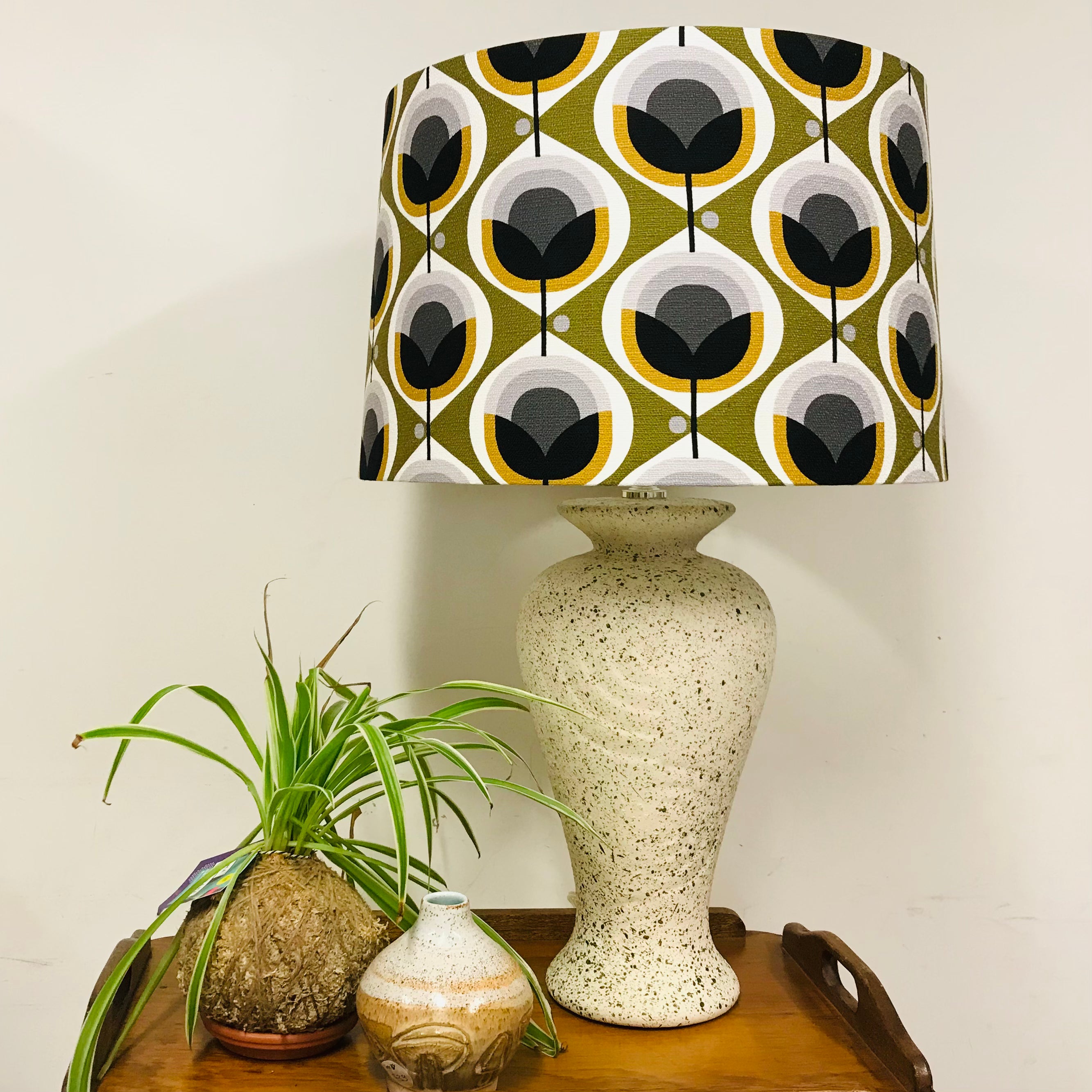 Custom Lamp Shade only - Barkcloth Geo Flower in Olive