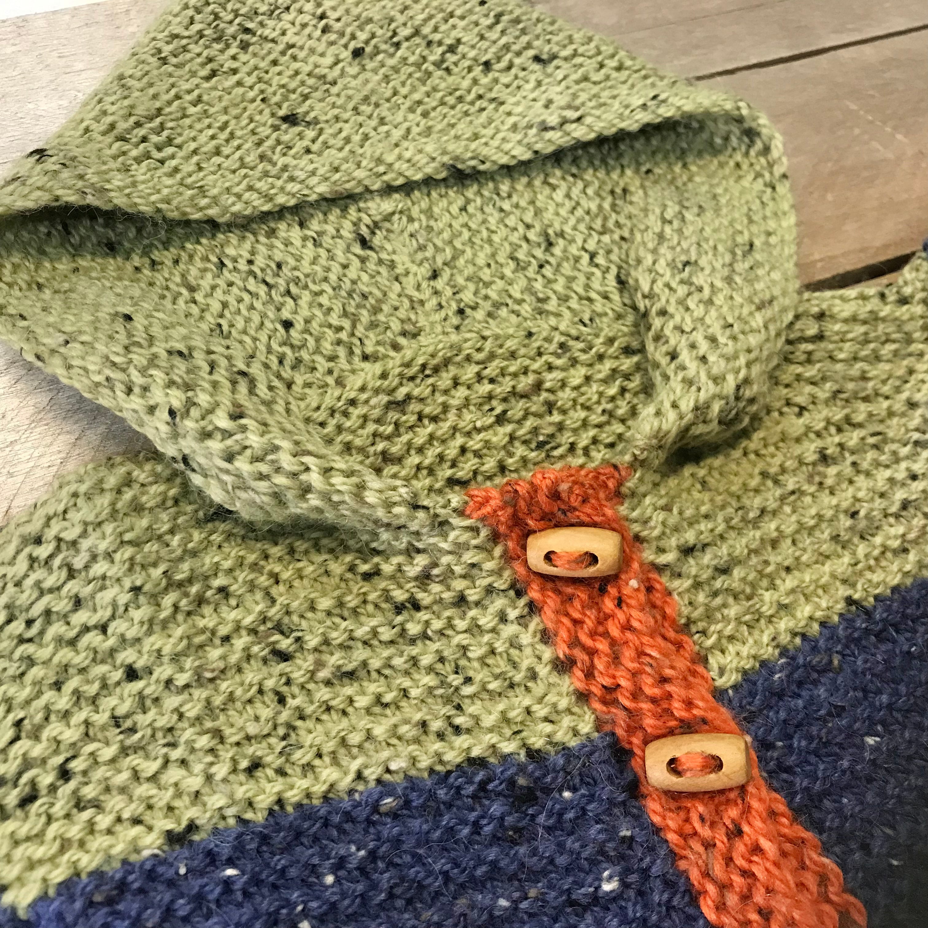hand-knitted locally - Toddler Hooded Toggle Buttoned Cardigan (green blue orange)