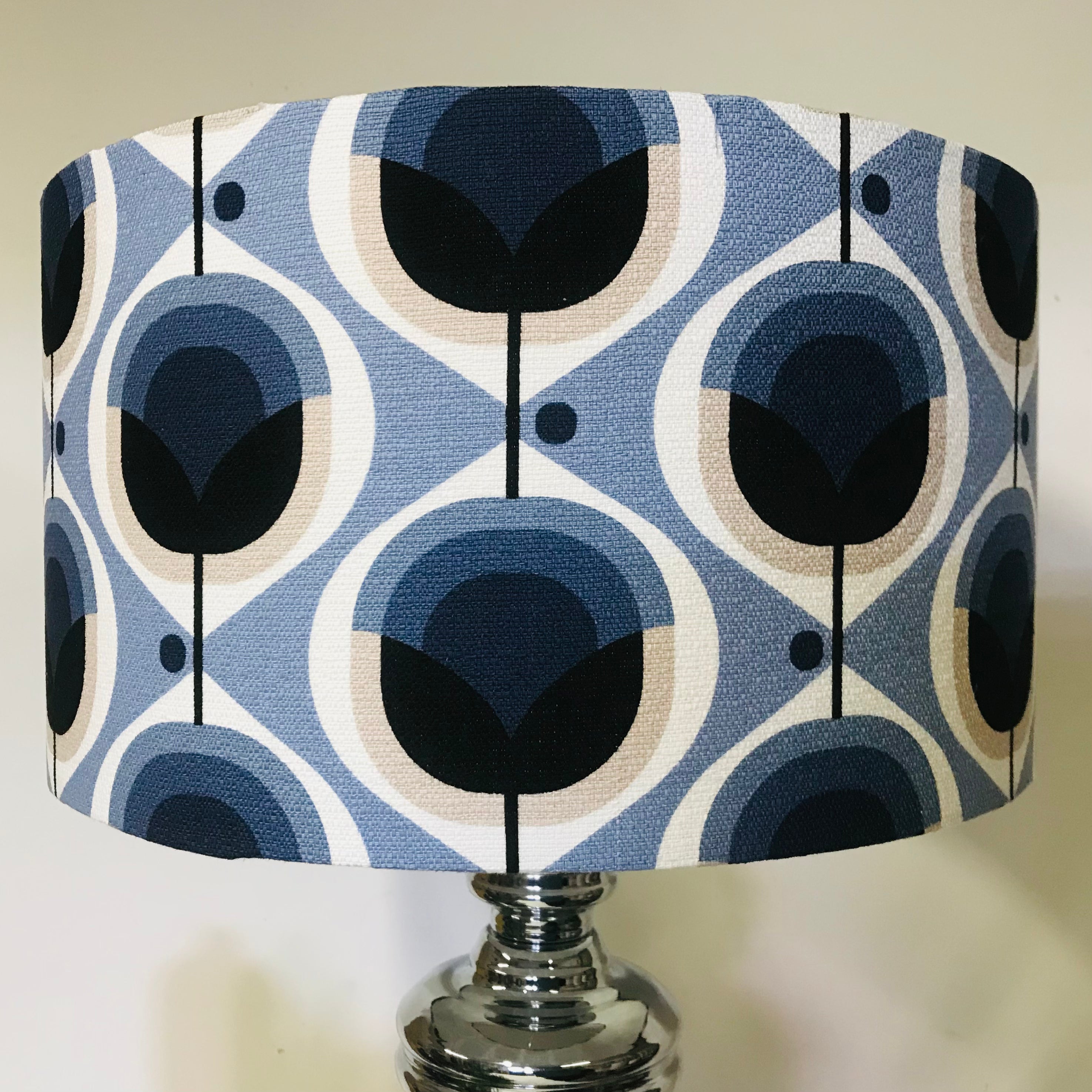 Blue Barkcloth Geo Flower Silver Mirror Lamp