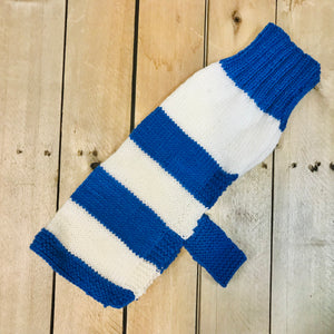 hand-knitted locally - Dog Coat, blue and white