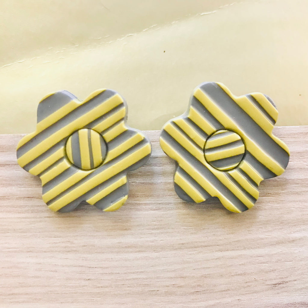 Polymer Clay Handmade Earrings - Mustard & Grey Stripes