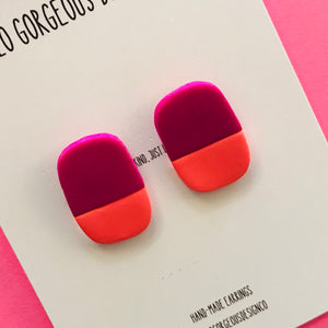 Polymer Clay Handmade Earrings - Raspberry & Fluro Orange Split