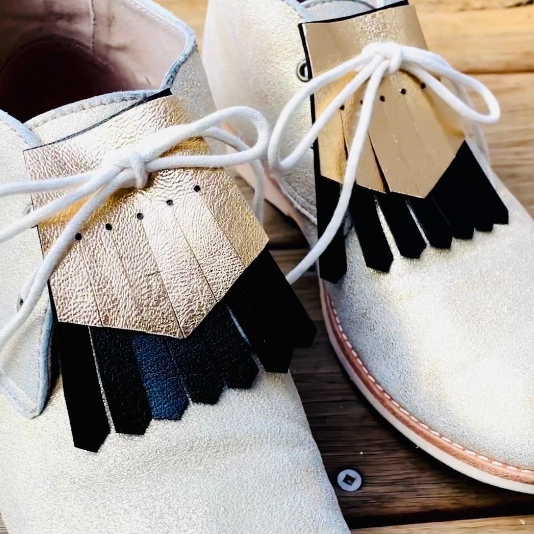 Hand painted leather, faux-leather, perspex & vinyl Shoe Tassel Fringe