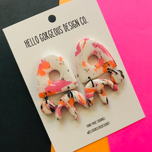 Polymer Clay Handmade Earrings - Pink, Orange & Black Marble