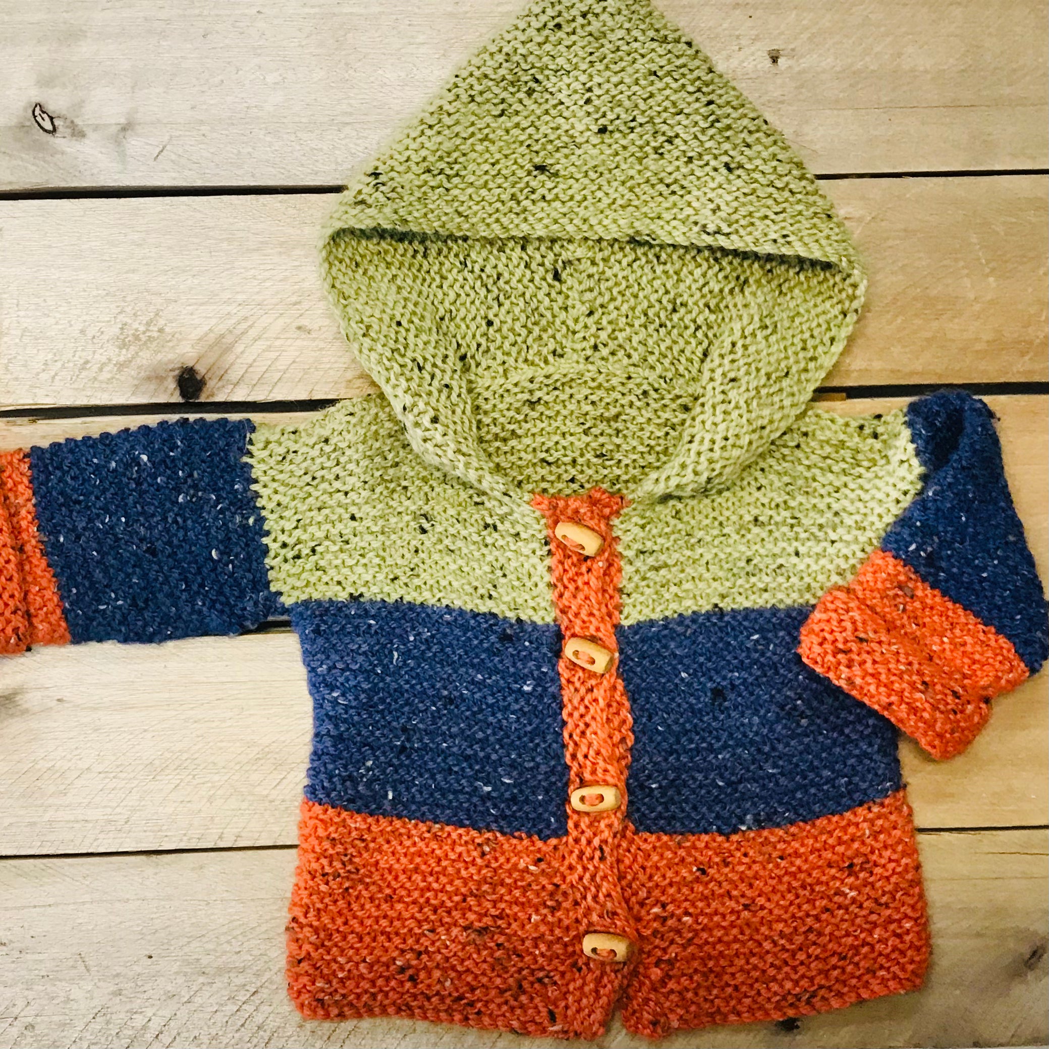hand-knitted locally - Toddler Hooded Toggle Buttoned Cardigan (green blue orange)