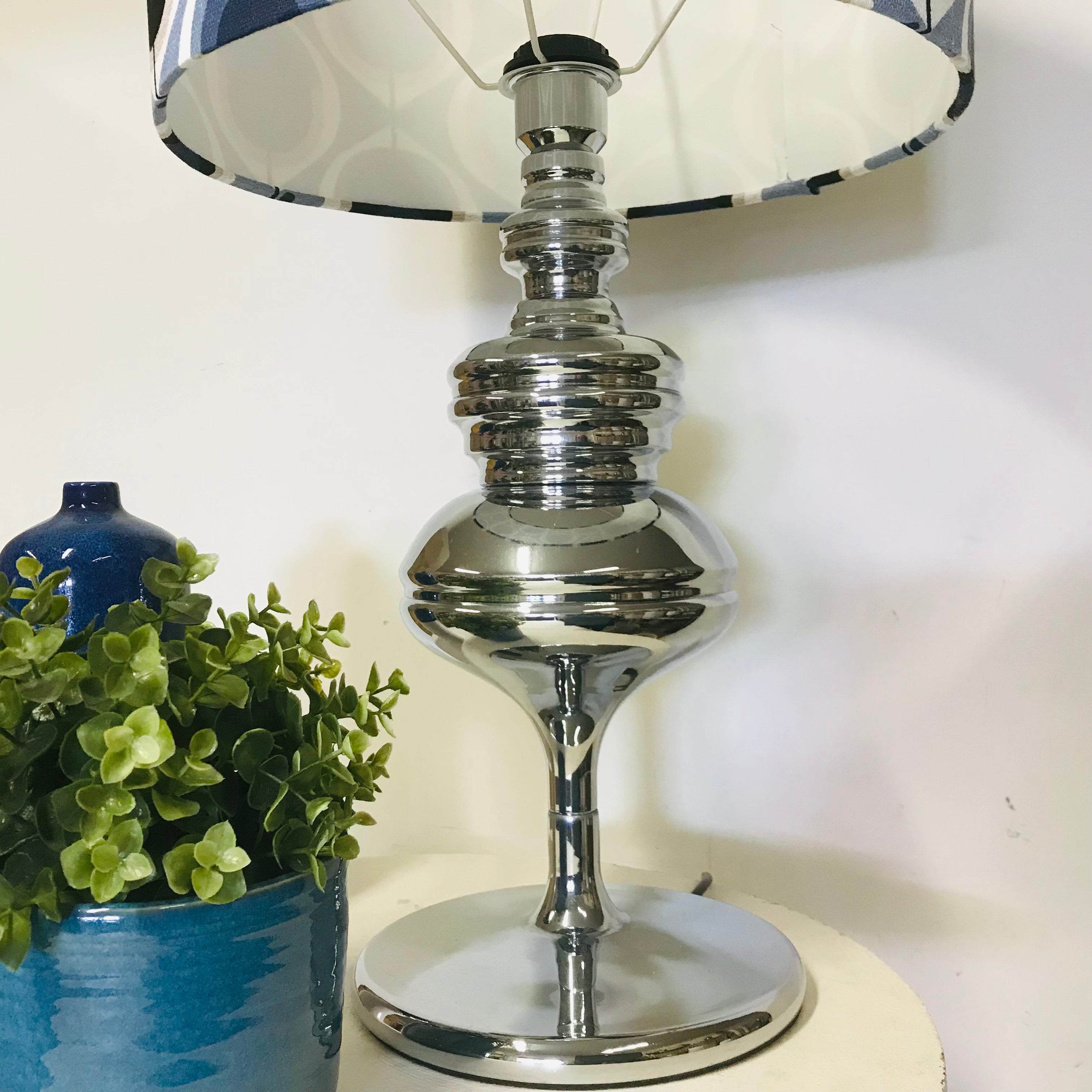 Blue Barkcloth Geo Flower Silver Mirror Lamp